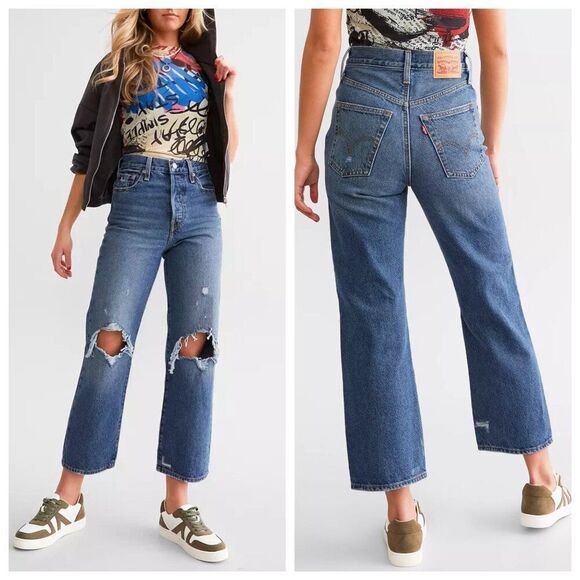 Levi's Ribcage Straight Ankle Jean High Rise Distressed Blue Size 32 NWT - Picture 1 of 11